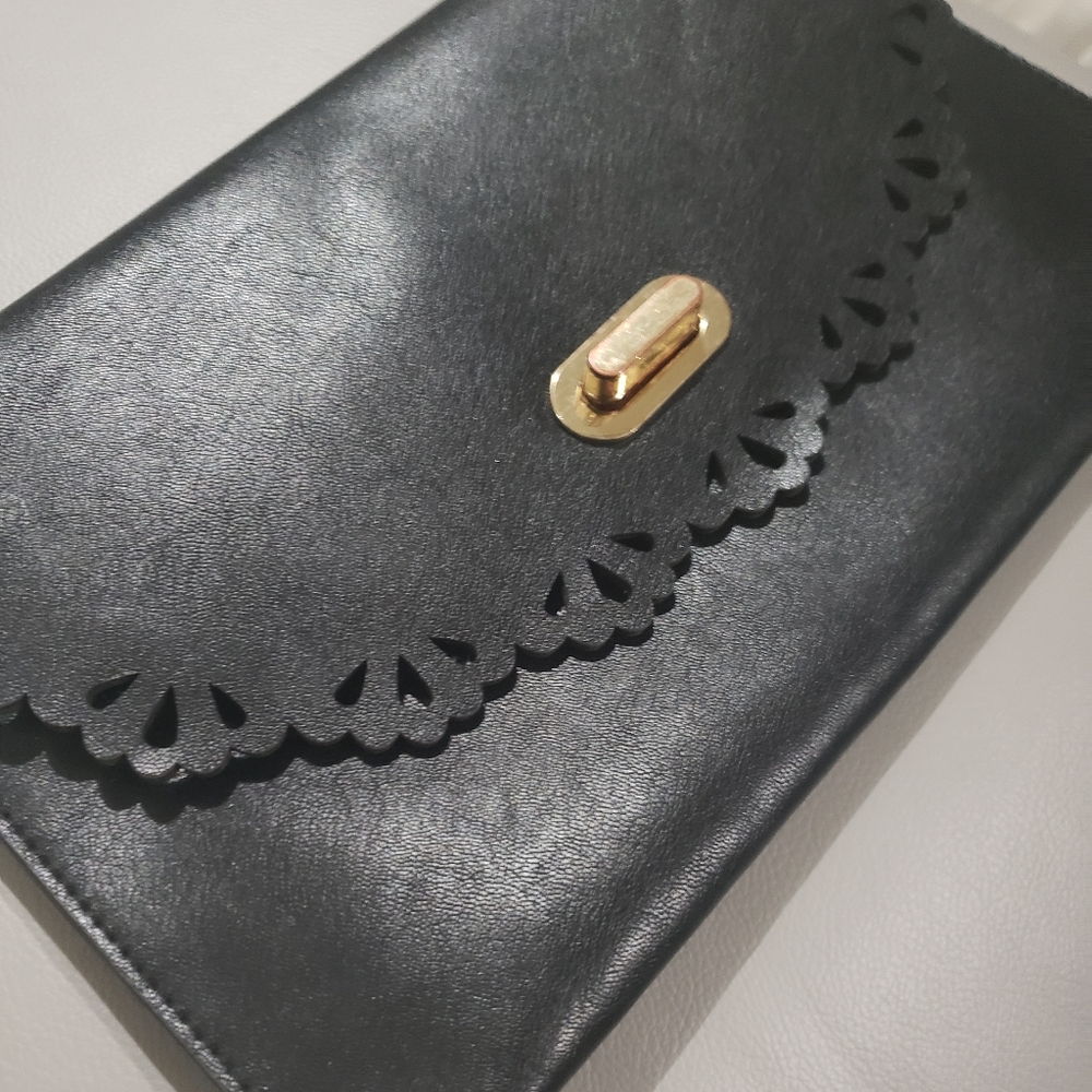 Black Vegan Leather Lace Cutout clutch